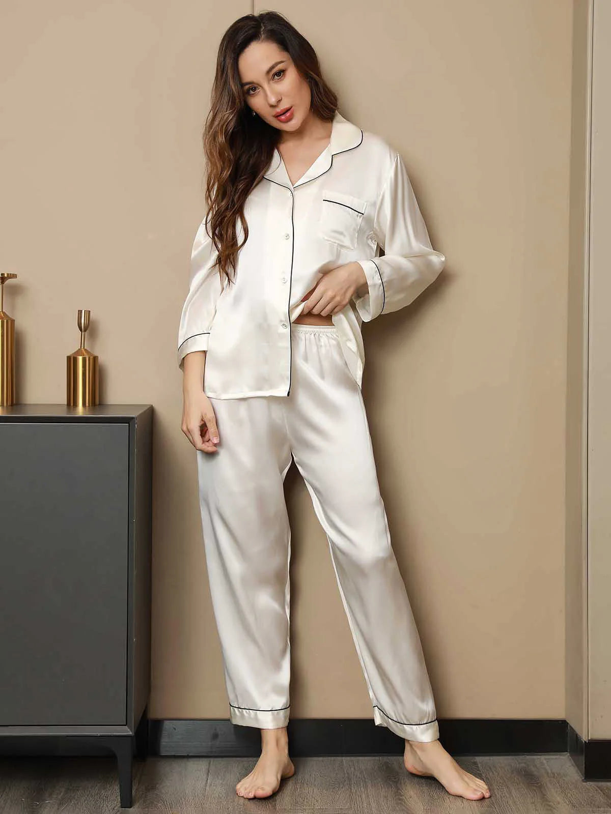Women’s Satin Silk Sleepwear Pajama Set -White