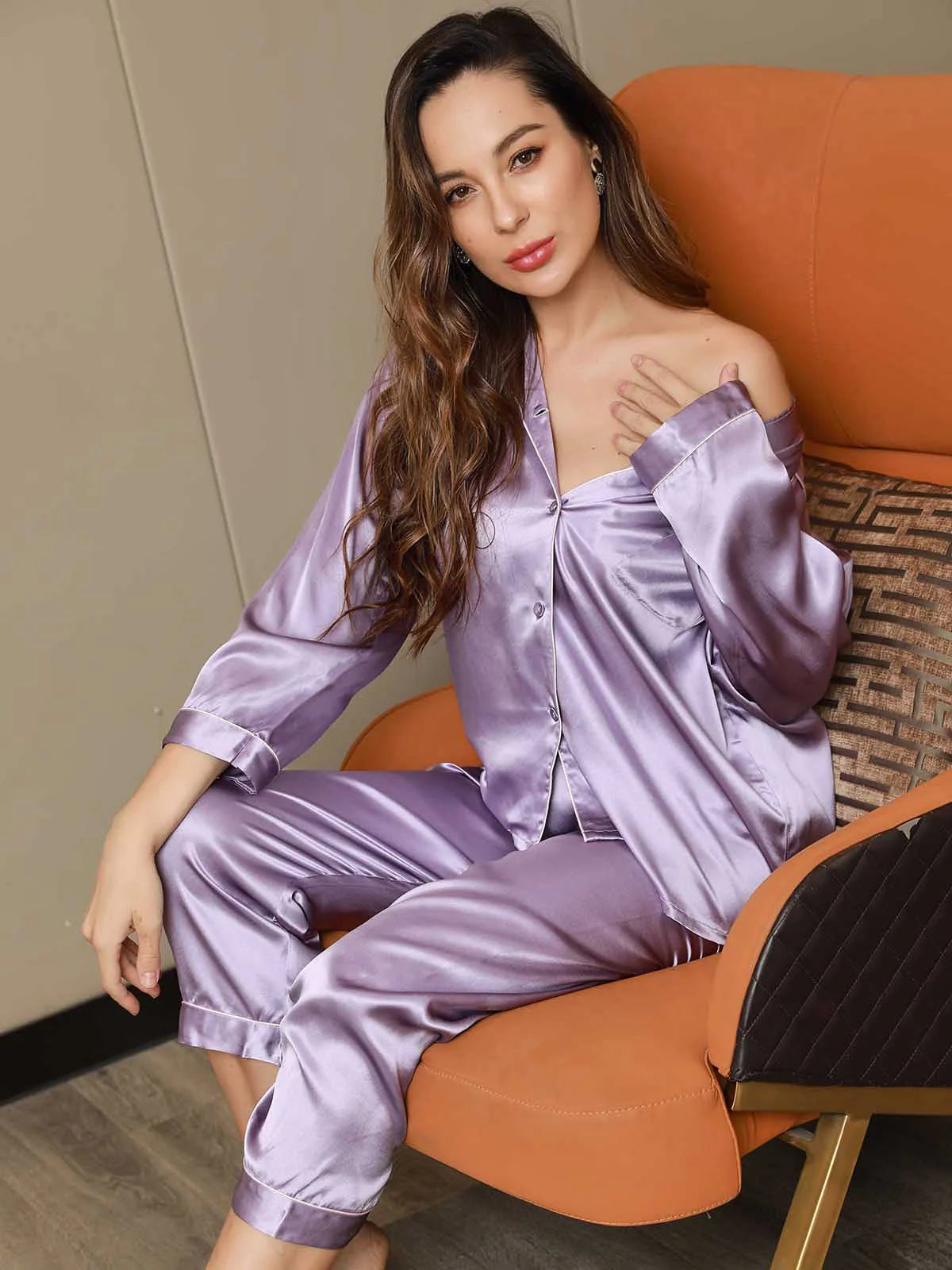 Women’s Satin Silk Sleepwear Pajama Set - Purple