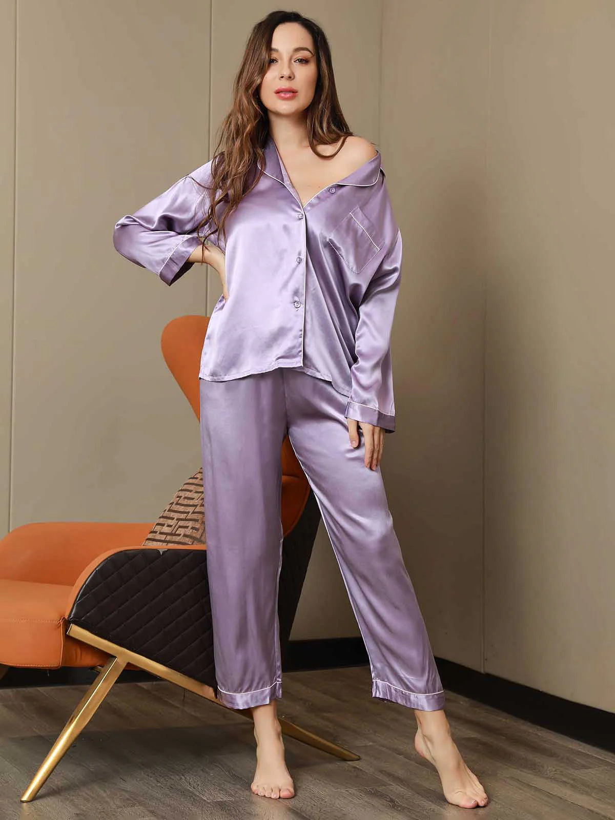 Women’s Satin Silk Sleepwear Pajama Set - Purple