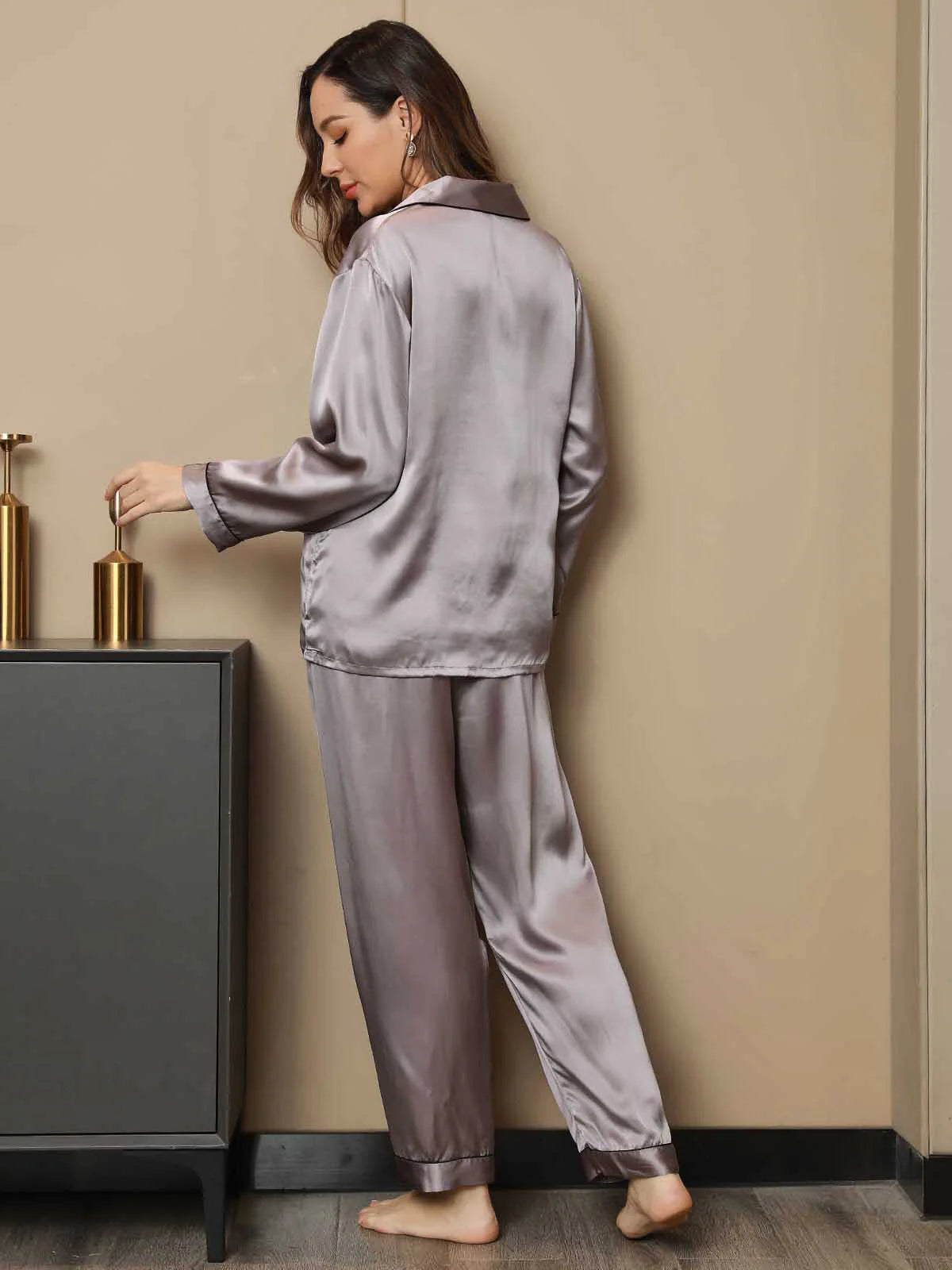 Women’s Satin Silk Sleepwear Pajama Set -Gray