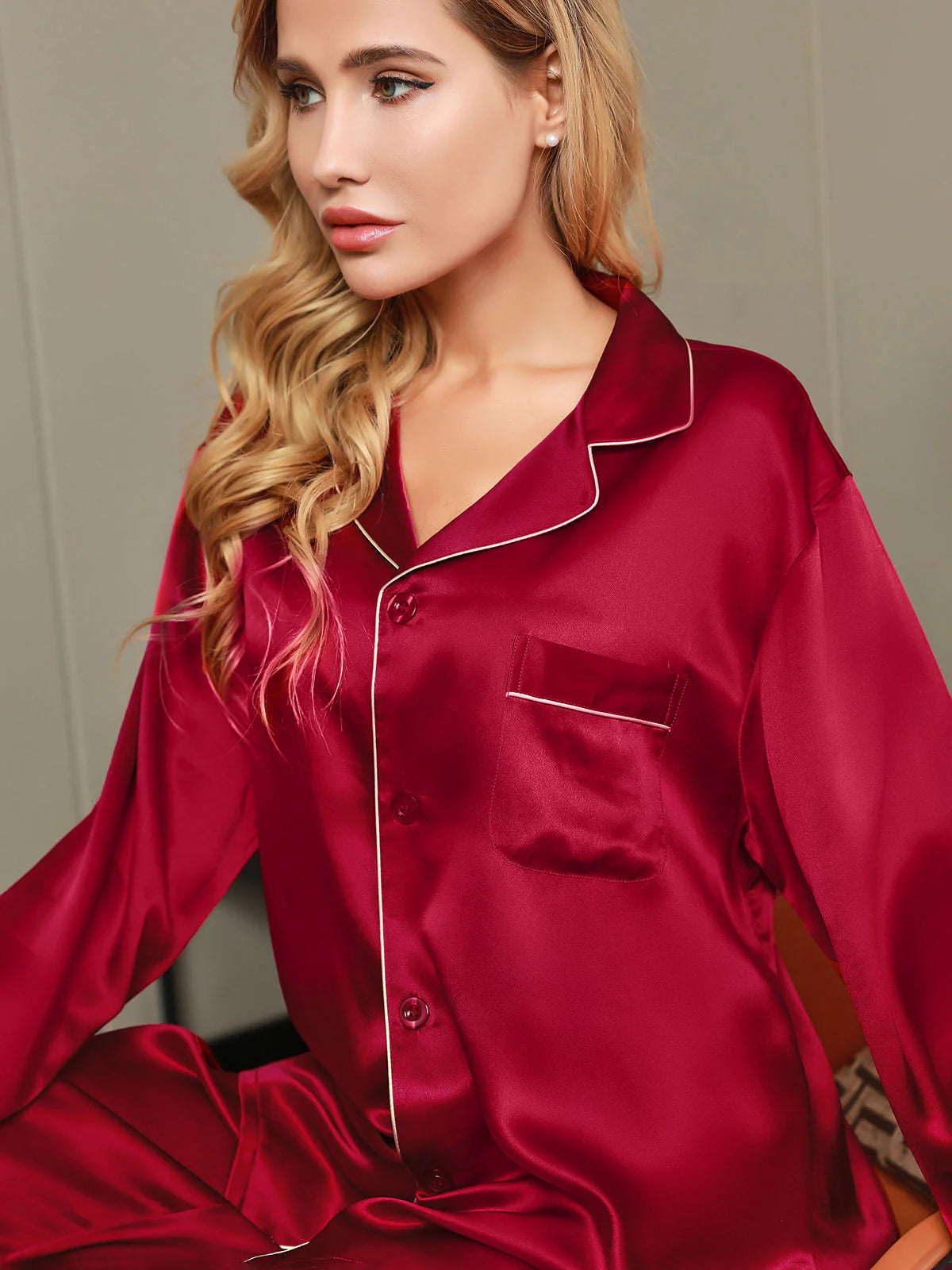 Women’s Satin Silk Sleepwear Pajama Set -Wine