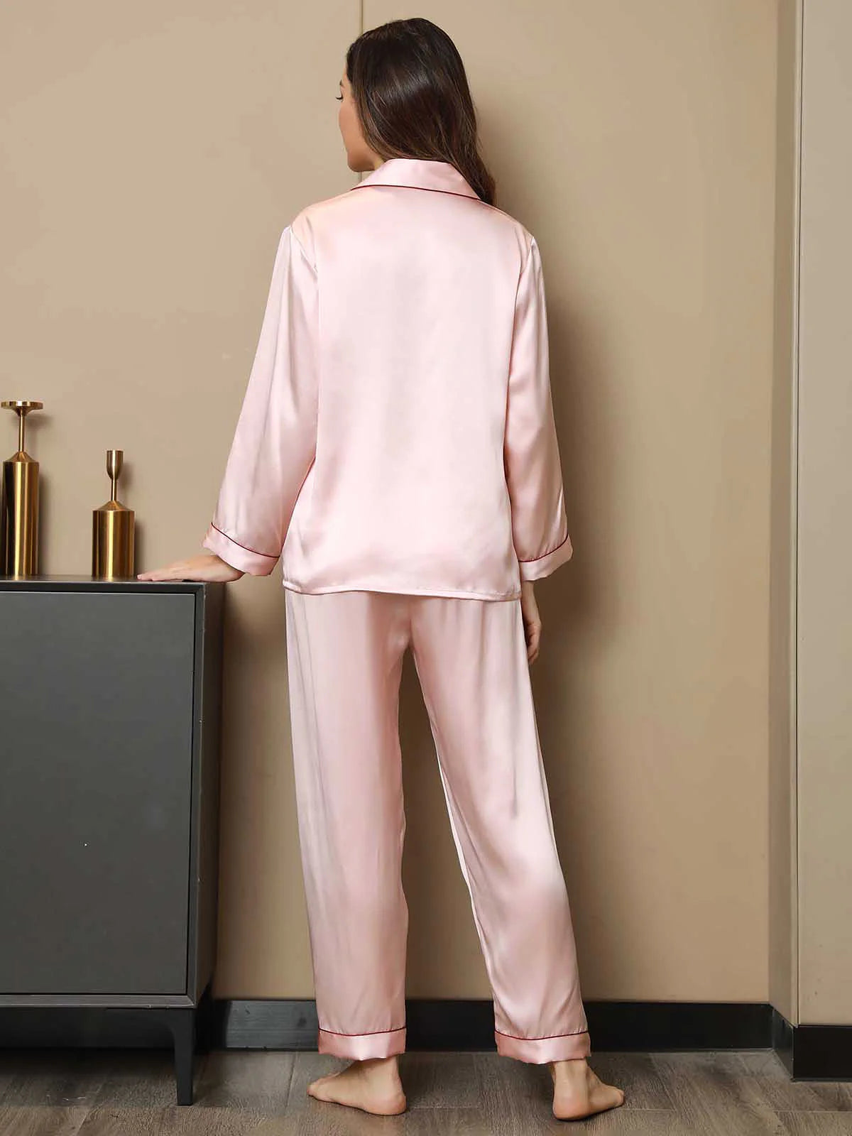 Women’s Satin Silk Sleepwear Pajama Set -Pink