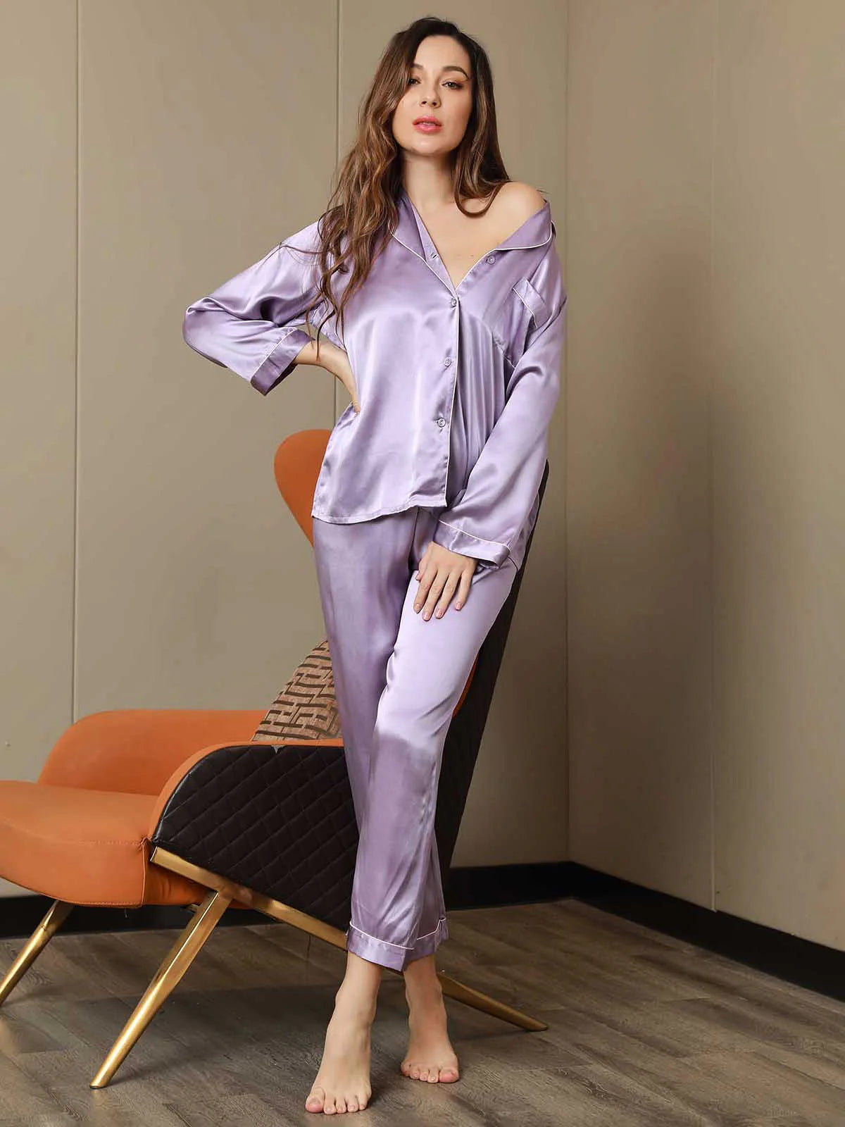Women’s Satin Silk Sleepwear Pajama Set - Purple