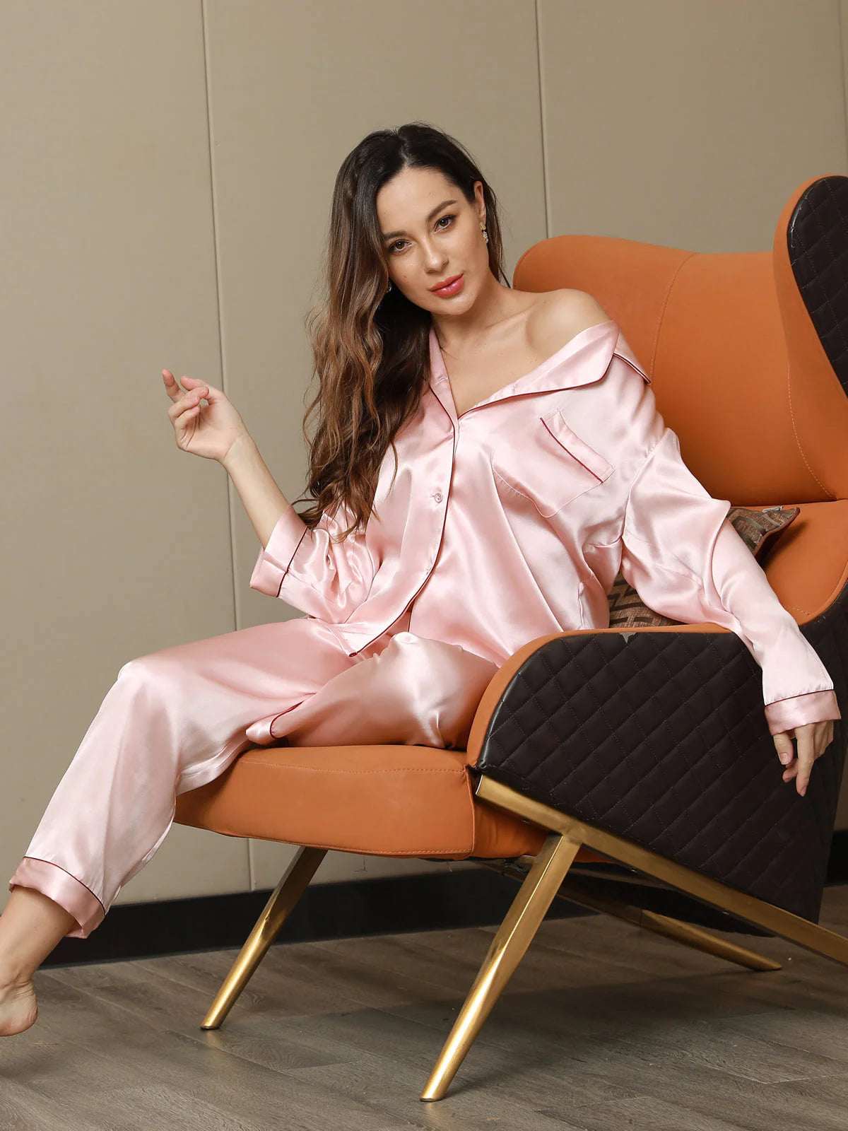 Women’s Satin Silk Sleepwear Pajama Set -Pink