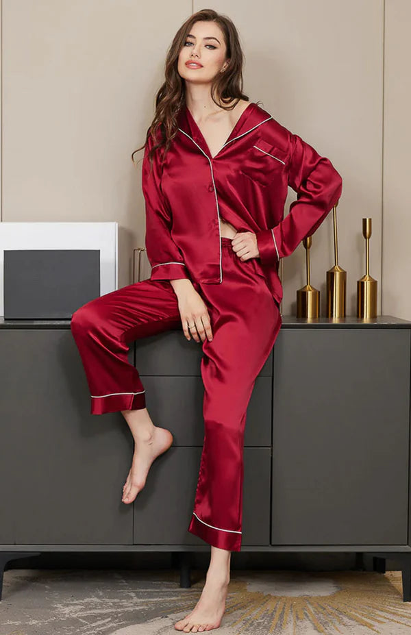 Women’s Satin Silk Sleepwear Pajama Set -Wine