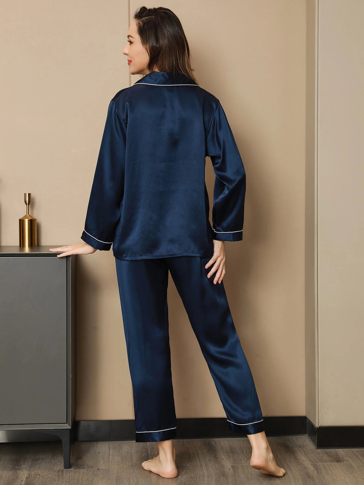 Women’s Satin Silk Sleepwear Pajama Set -Dark Blue